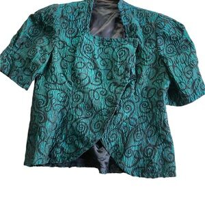 Vintage 80s Women's Teal and Black Patterned Short Sleeve Blazer